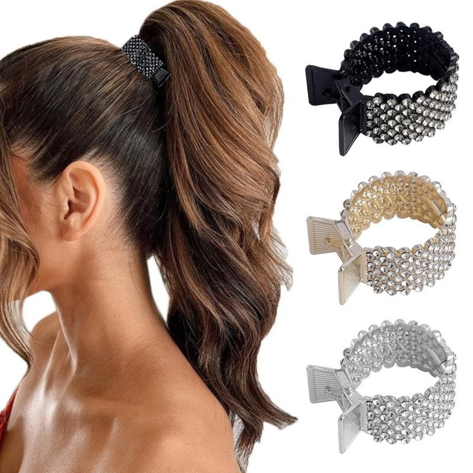 1PC Damen-Haarspangen mit Strasssteinen, elastische Pferdeschwanzklemmen, glänzende Haar-Styling-Werkzeuge, modische Haardekoration Image