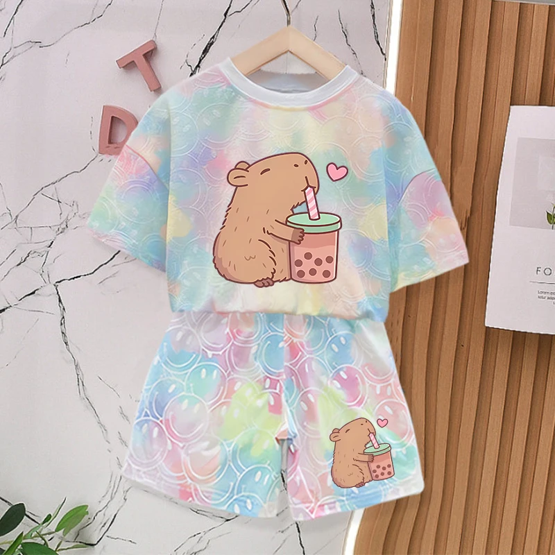 Capybara Sommer-Kleidungssets für Baby-Mädchen-Outfits, süßer Aufdruck, Batik-Smlie-T-Shirts, kurzärmeliges T-Shirt für Kinder, Shorts, 2 Stück Image
