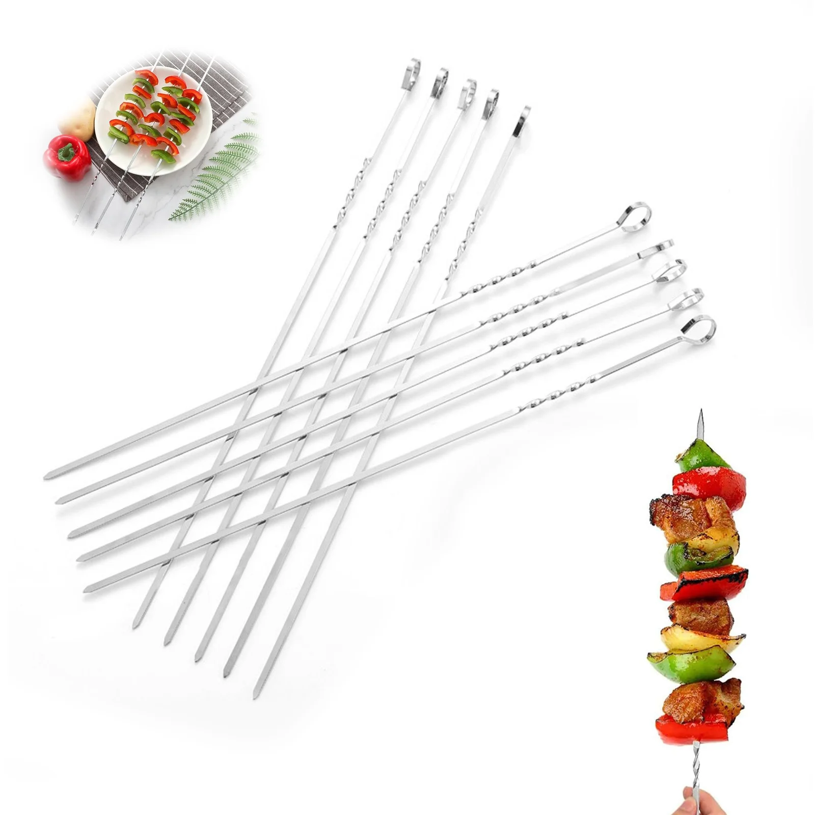 10 Stück Edelstahl-Grillspieße flach – wiederverwendbare Grillstäbe für Fleisch/Garnelen/Veggie, nicht gebogen, spülmaschinenfest, Camping-Grill Image