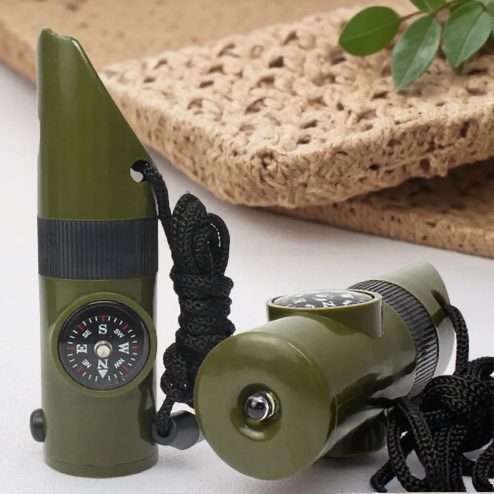 7-in-1-Pfeife, Überlebenswerkzeug, Kompass, Spiegel, Taschenlampe, Lupe, LED-Licht, Thermometer, Aufbewahrung, Notfall, Wandern, Campingausrüstung Image