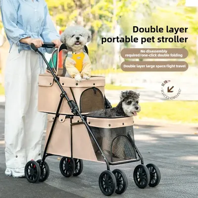 Double-layer Pet Cart Strollers Out 600D Oxford Lightweight Foldable Dog Cat Trolley Travel Stroller Small Pet Outdoor Cart