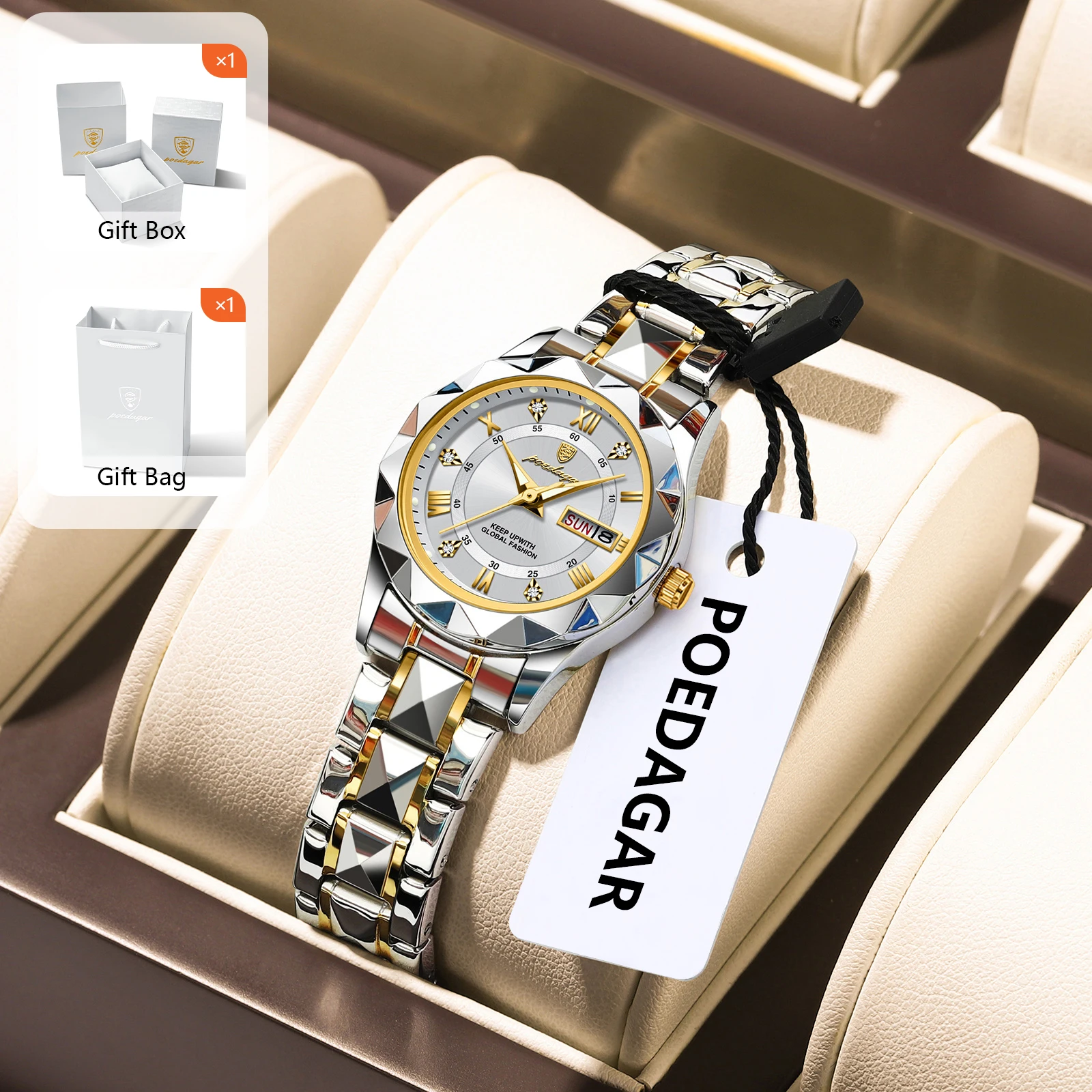 POEDAGAR Mode Frau Uhr Woche Datum Leuchtende Wasserdichte Damen Uhr Edelstahl Quarz Elegante frauen Uhren + Geschenk Box Image