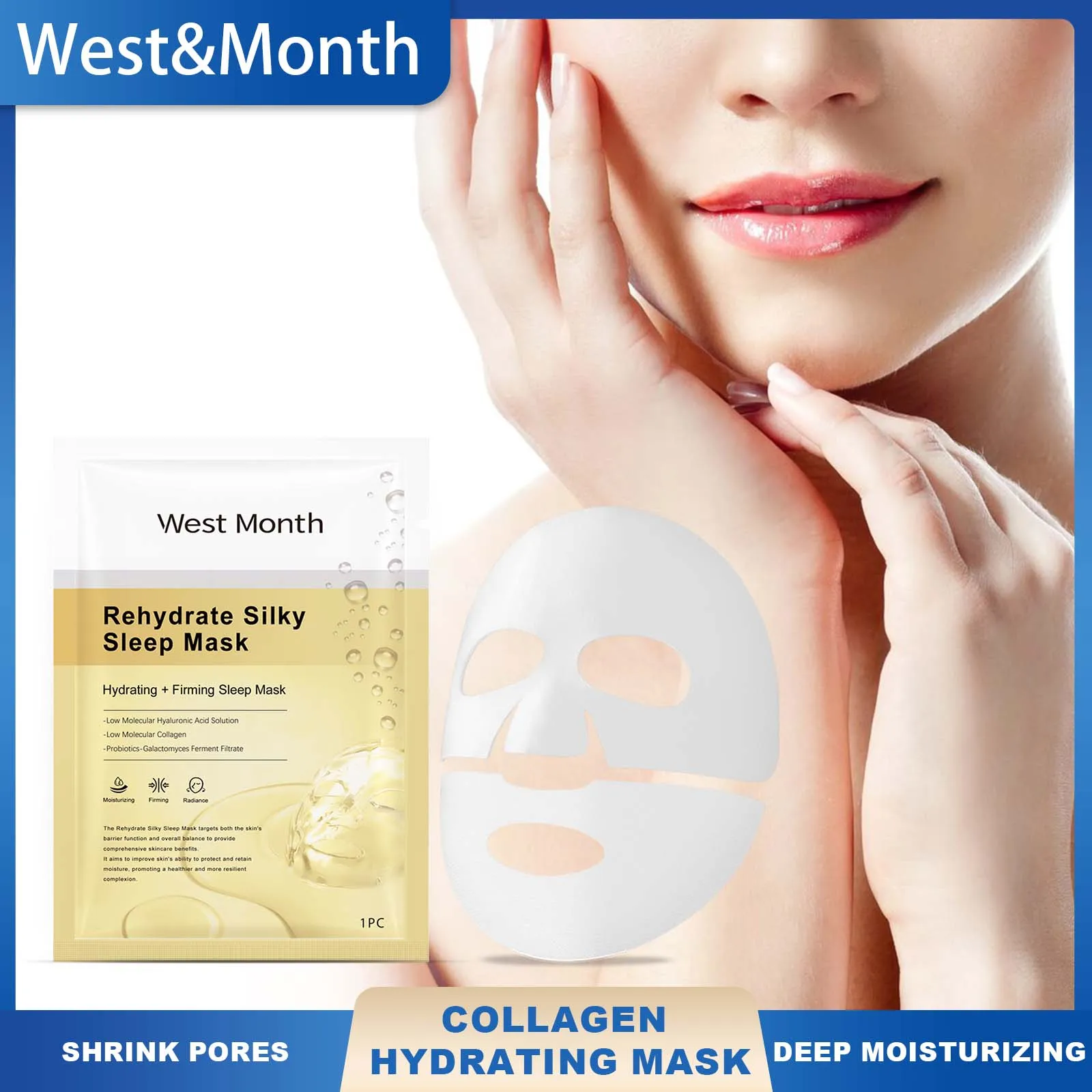 West Month Kollagen-Feuchtigkeitsmaske reduziert feine Linien, tief feuchtigkeitsspendend, schrumpft die Poren, strafft die Haut und glättet Image