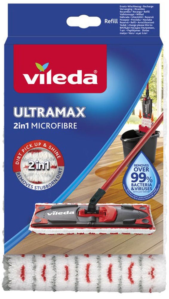 Wischbezug VILEDA "Vileda ULTRAMAX 2in1 Ersatzbezug", weiß (rot, weiß), B:15cm H:28mm T:2,5cm, gewirkt, Mikrofaser, Putztücher, für alle Vileda ULTRAMAX Systeme Image