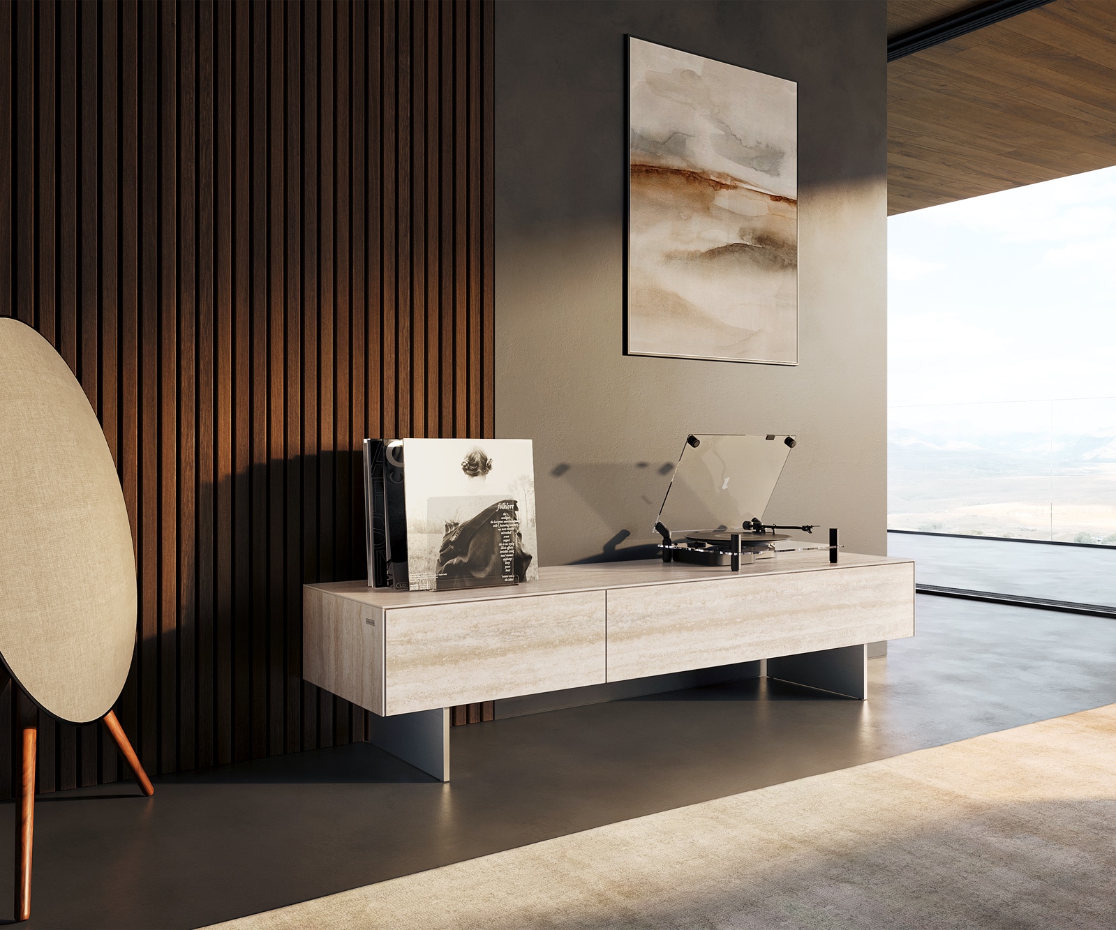 DELIFE Lowboard Cuor 150 cm Keramik Laminam® Travertino Bianco Creme-Weiß 1 Klappe 1 Schubfach Fuß Schwebeoptik Edelstahl, Lowboards Image