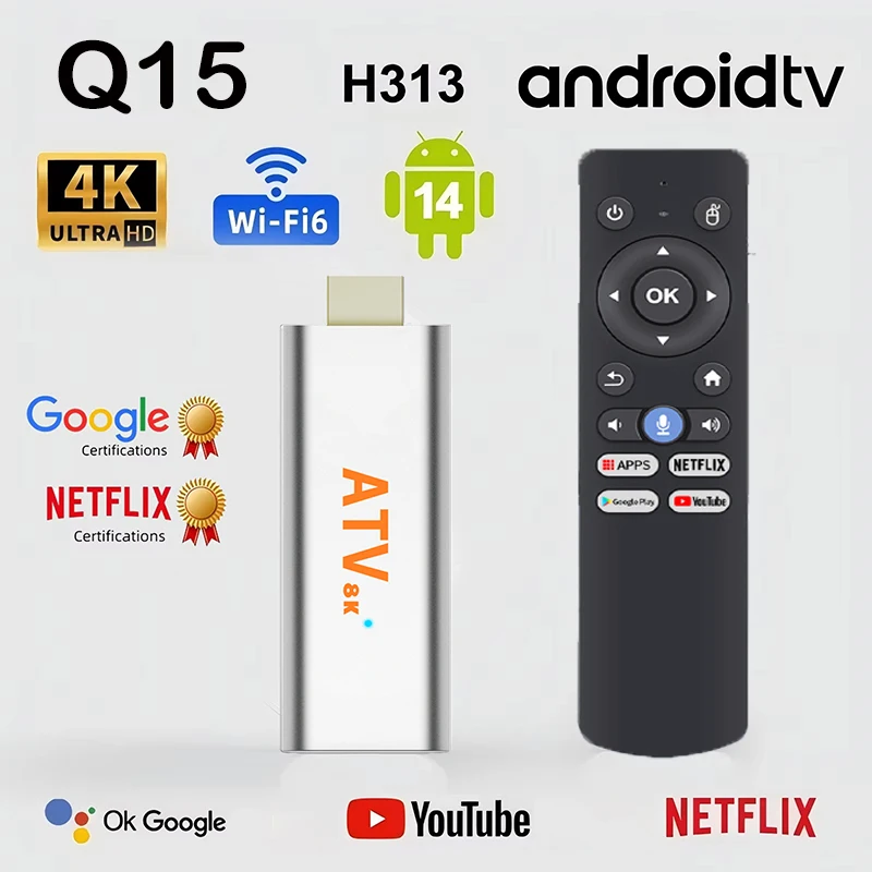 Q15 Smart Tv stick Android14.0 Allwinner H313 BT5.0 Google Voice 64G 4k Dual Wifi Youtube Multi Language Streaming Media Player