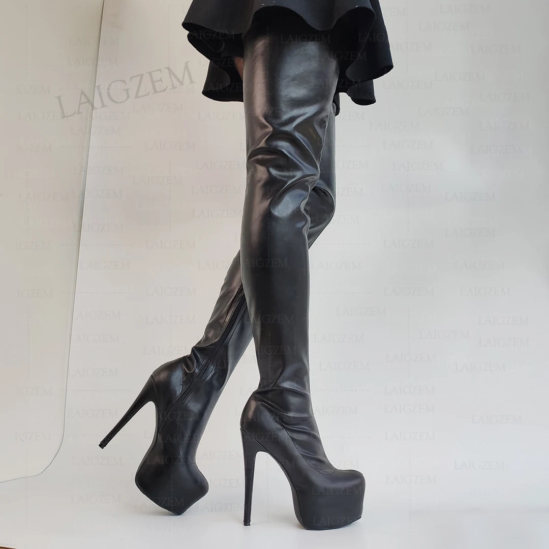 LAIGZEM Frauen Oberschenkel Hohe Stiefel Plattform Seitlichem Reißverschluss Stiletto High Heels Stiefel Über Knie Damen Schuhe Frau Plus Größe 41 43, 46 50 52