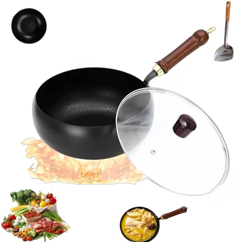 Uncoated Thick Iron Pot, Suntuup Japanese Iron Pan, hand-forged non-stick pan, big belly uncoated non-stick pot, Triple Stainless Steel, Large Capacity & Deep (L-28cm,Smooth-Glass Cover)
