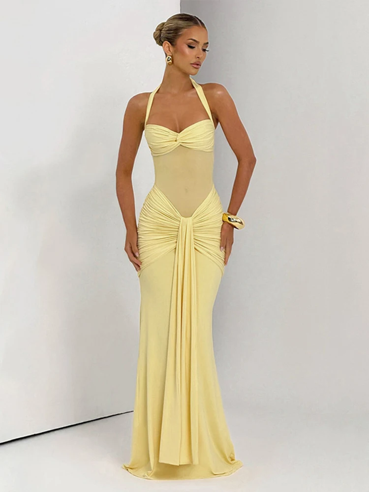 Sisterlinda Patchwork Elegantes Maxikleid Klassisch Sexy Transparente Bänder Neckholder Rückenfrei Figurbetont Weiblich Trend Festival Abendgarderobe Image