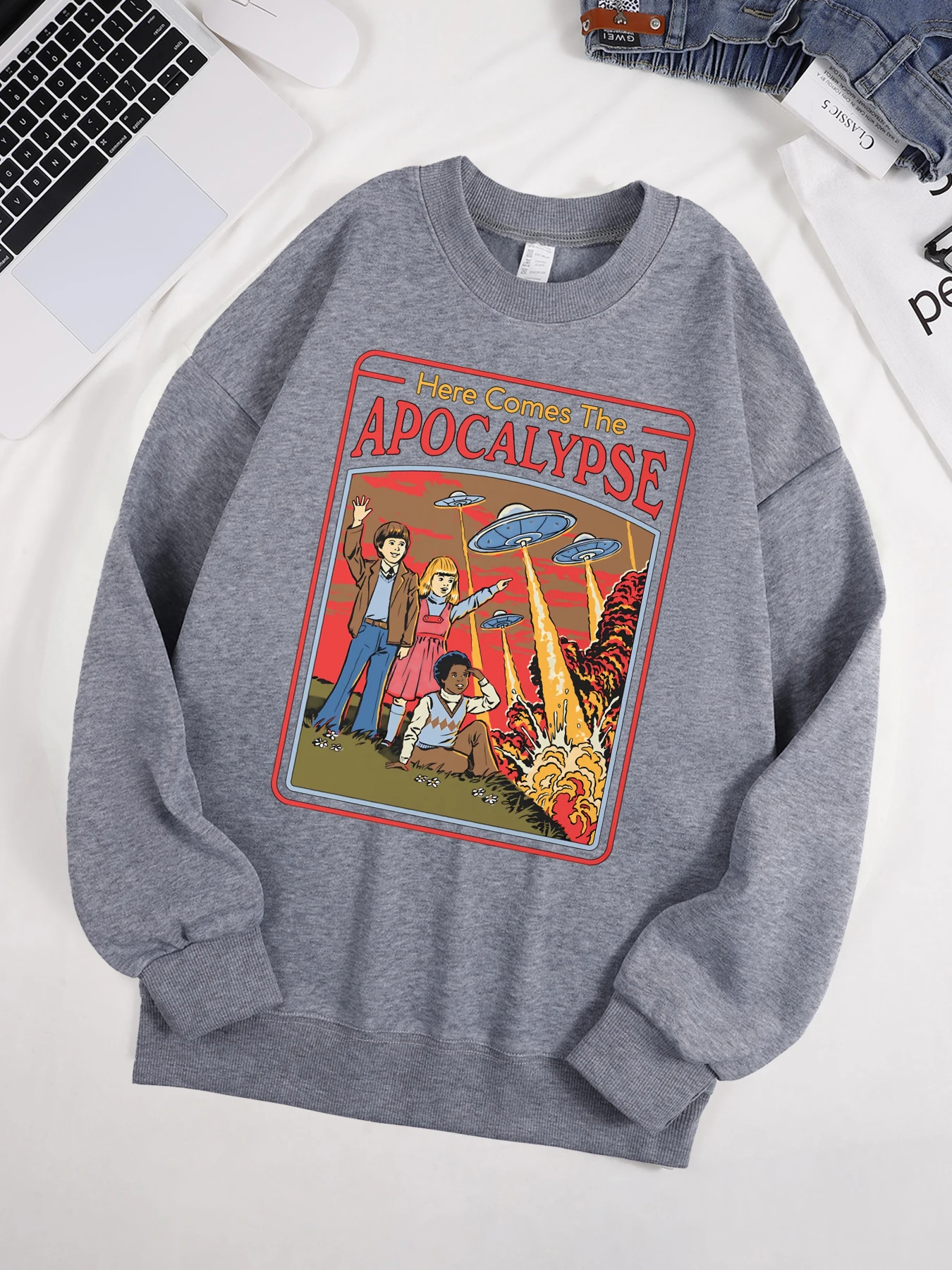 Here Comes The Apocalypse Print Streetwear Herren Fleece Hip Hop Sweatshirt Sport Crewneck Pullover Unisex Mehrfarbige Tops
