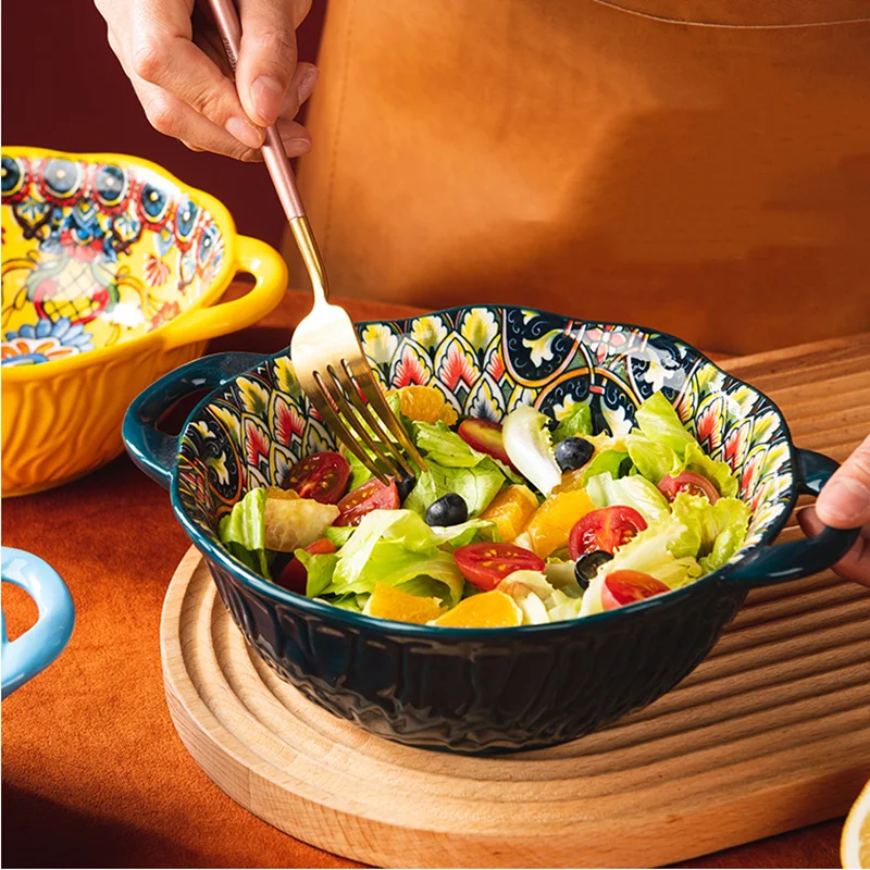 Bohemian Relief Double Ear Ceramic Bowl, Baking Tray, Tableware, Household Soup Bowl, Ramen, Salad Bowl, Kitchen Utensils