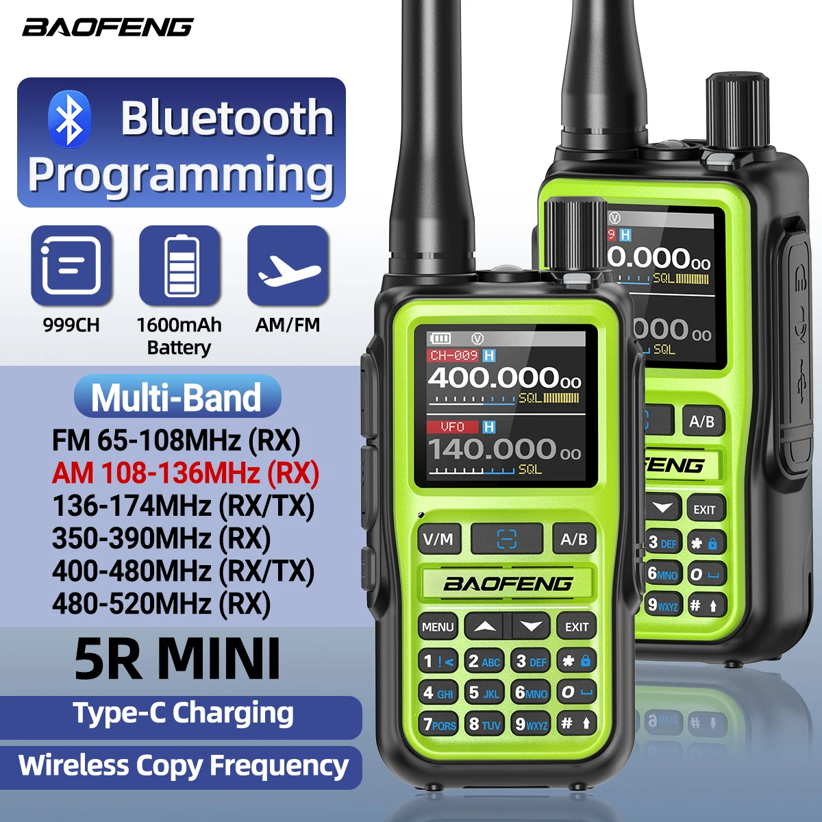 BAOFENG UV-5R Mini Walkie Talkie Multi Band Bluetooth Programmierung Drahtlose Kopierfrequenz 999CH Typ-C Long Range Two Way Radio Image