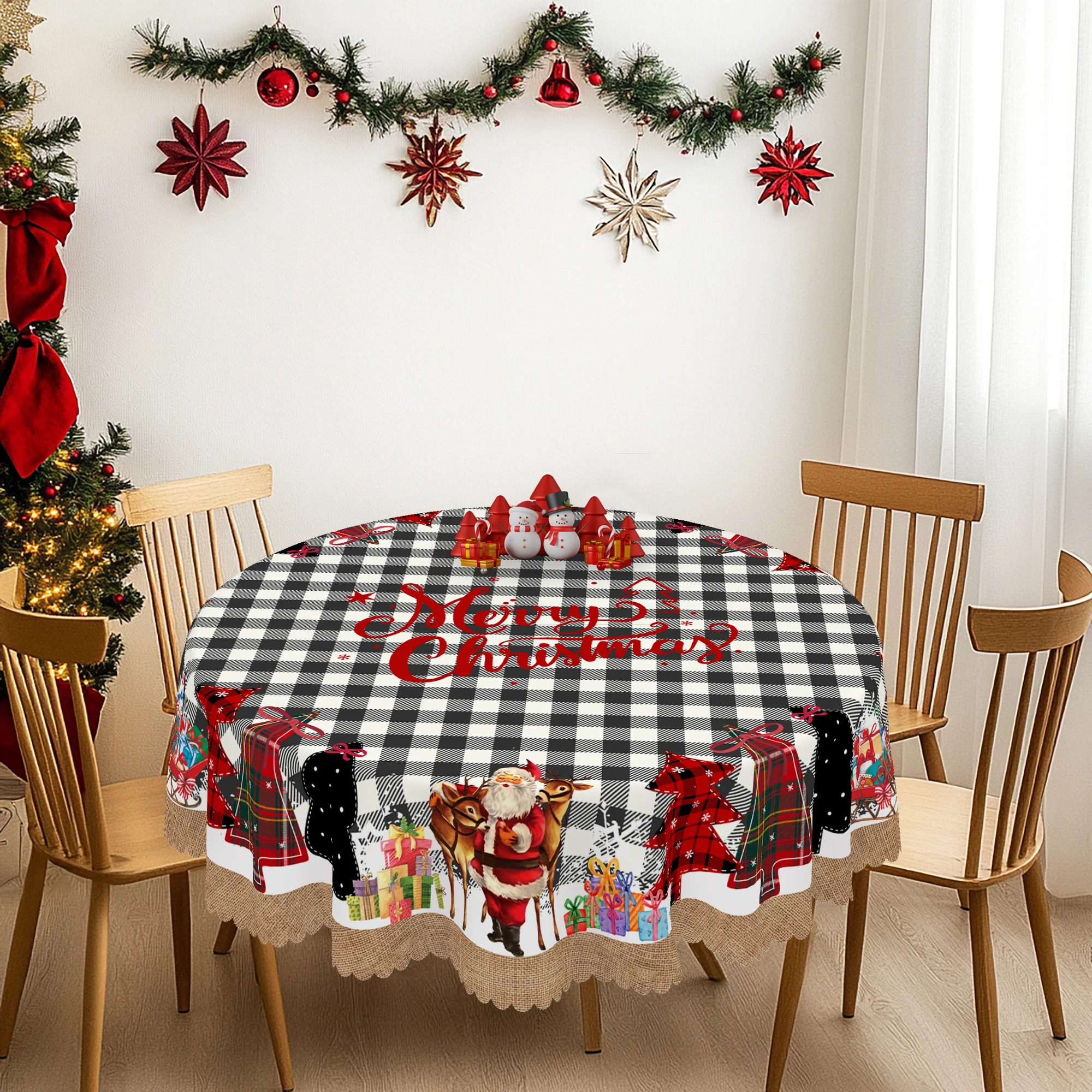 1-teilige runde und rechteckige Weihnachtstischdecken, verschiedene Größen, schwarz-weiß kariert mit mehrfarbigen Weihnachtsbaum- und Weihnachtsmann-Druckmustern, Tischdecken für Küche, Party, Reisen, Image