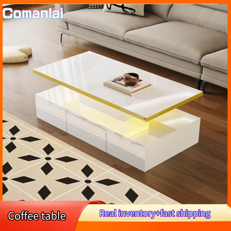 Comanlai Couchtisch, Tisch mit Schubladen, Hochglanzlack-Finish, Beistelltisch mit zwei Stauraumstufen. Mit LED-Licht