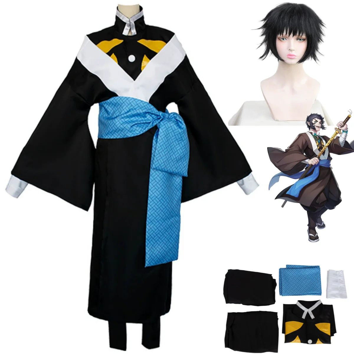 Anime Inatama Kaigaku Cosplay Kostüm Japanischen Kimono Stil Bademantel Umhang Kummerbund Perücke Erwachsene Mann Frau Halloween Anzug Image