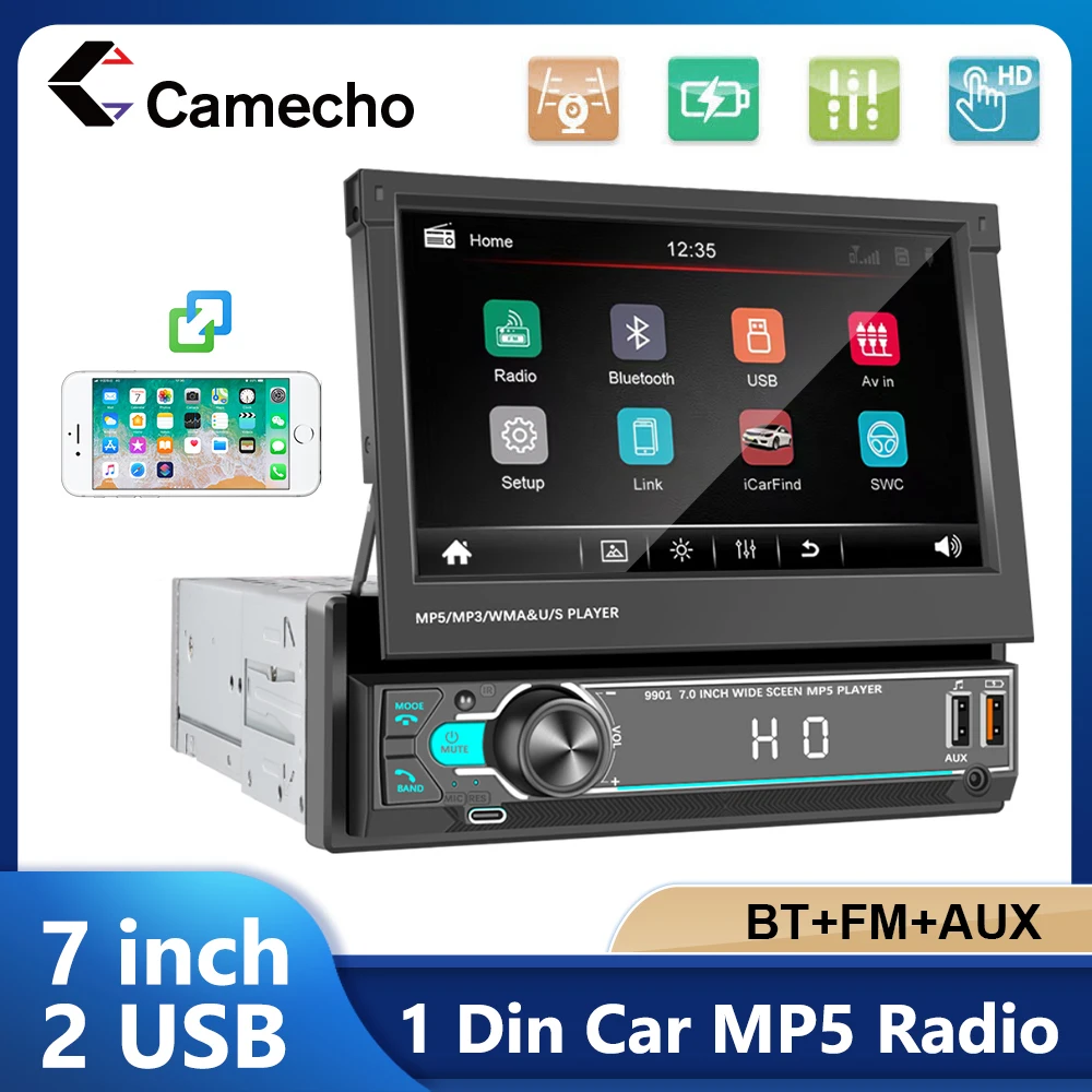 Camecho 1 Din Autoradio 7 ''Schermo retrattile Lettore multimediale MP5 1Din Car Stereo Radio FM Bluetooth Mirrorlink USB/Tipo-C AUX