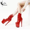20CM High Heels Frauen Plattform Stiefeletten Sexy Pole Dance Streifen Schuhe Flache Schnürsenkel Nachtclub Ritter Rote Schuhe Frauen große Größe