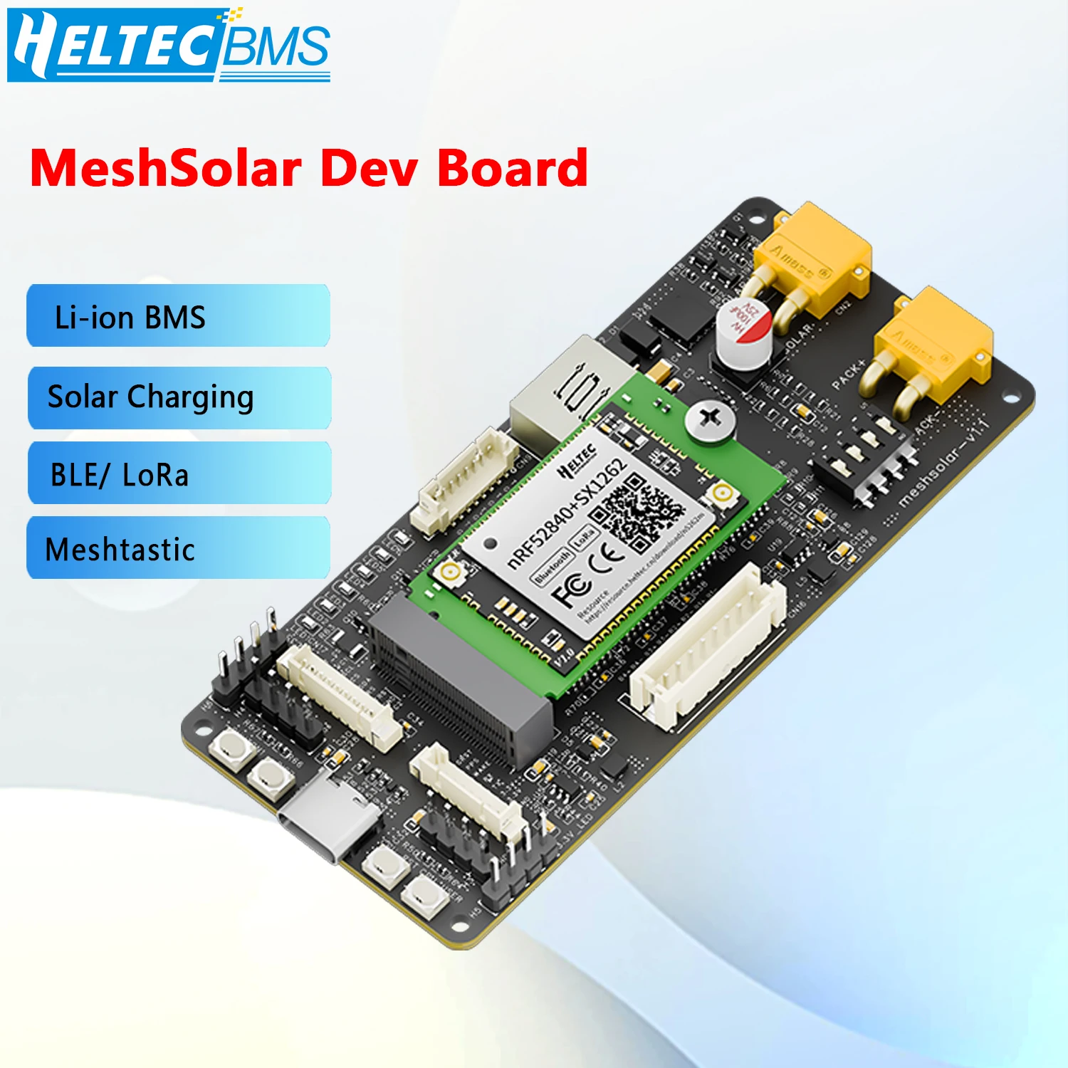 MeshSolar Li-ion BMS Solarladung BLE/LoRa Connectivity Dev Board Multiprotokoll-Schnellladung mit nRF52480 + SX1262 Image