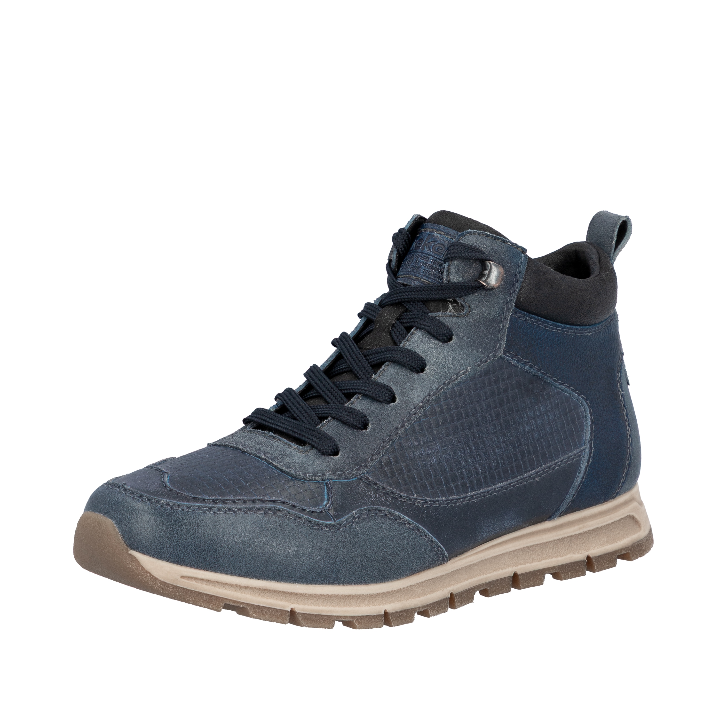 Sneakerboots RIEKER, Damen, Gr. 45, blau (dunkelblau), Glattleder, Veloursleder, Schuhe Sneakerboots, Schnürboots, High Top Sneaker, Schnürschuh mit Innenreißverschluss