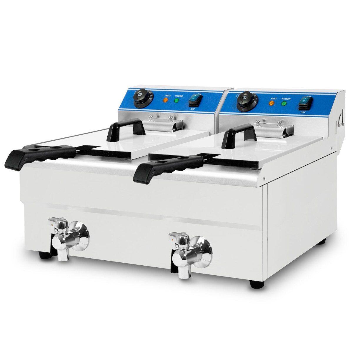 VERTES Doppel-Friteuse Edelstahl 2x13L, 50–200°C, 6000W, 230V, Kaltzonenprinzip, mit Ablasshahn, leicht zu reinigen Image