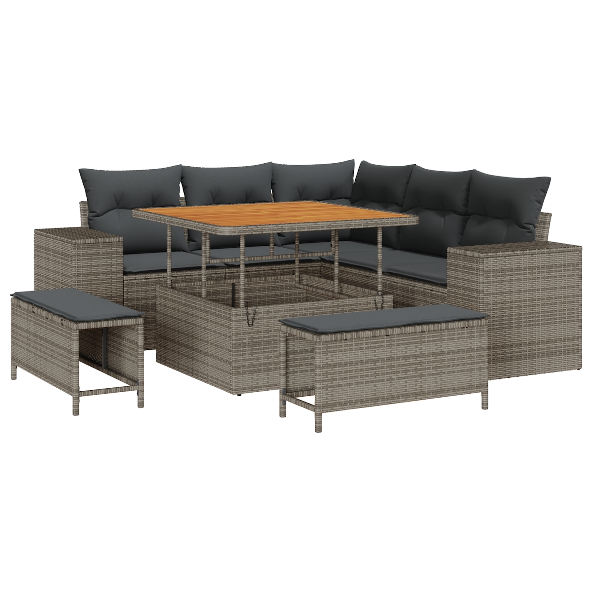 vidaXL 8-teiliges Garten-Sofa-Set mit Kissen in Grau aus Poly-Rattan und Akazie. Image