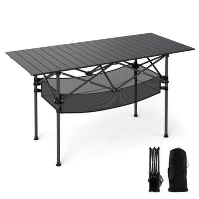 Costway Patio Folding Camping Table with Roll-up Tabletop and Mesh Basket-Black