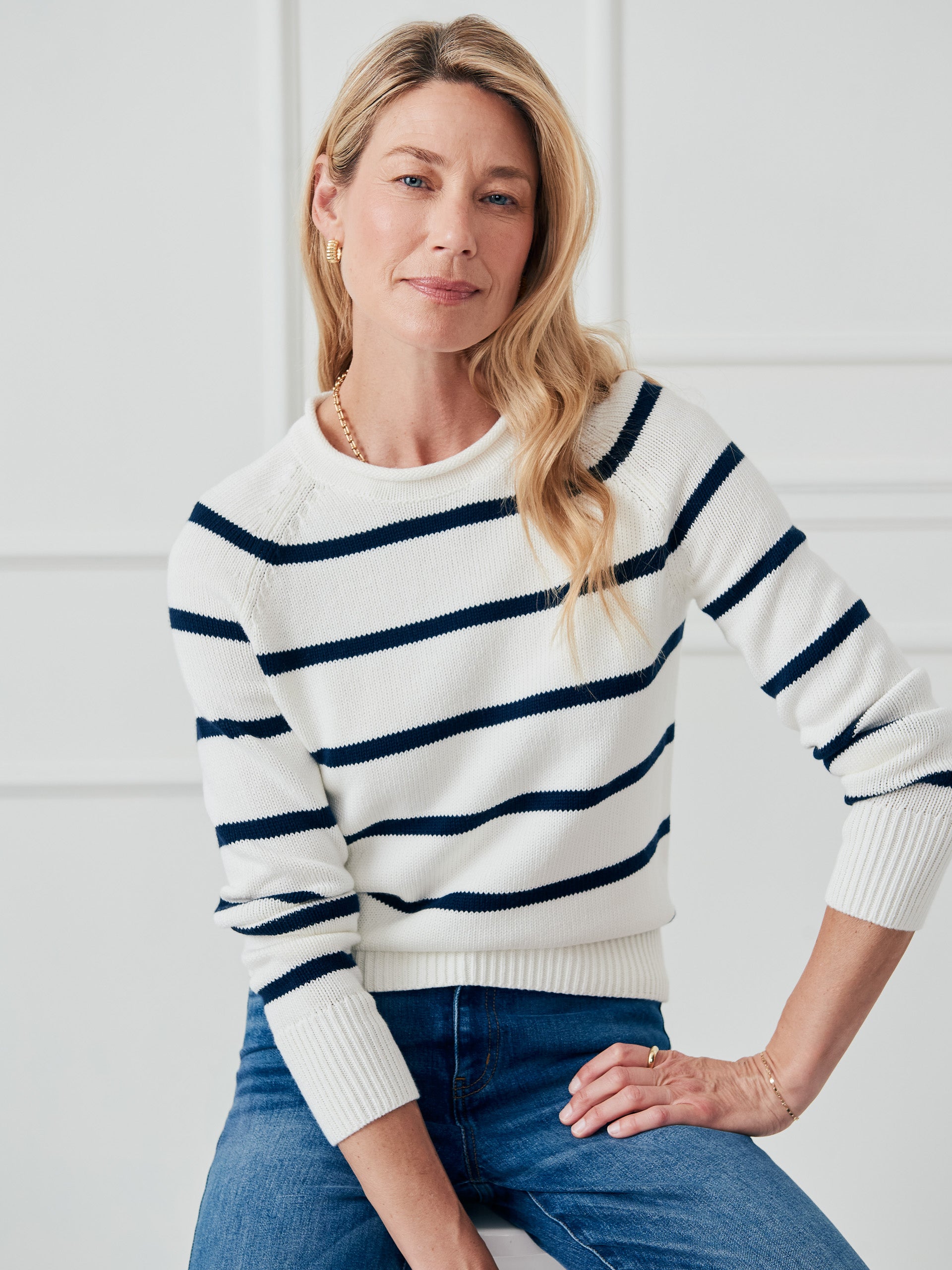J.McLaughlin Women's Vaughn Sweater in Stripe Egret White/Navy, Size Large | Cotton/Spandex