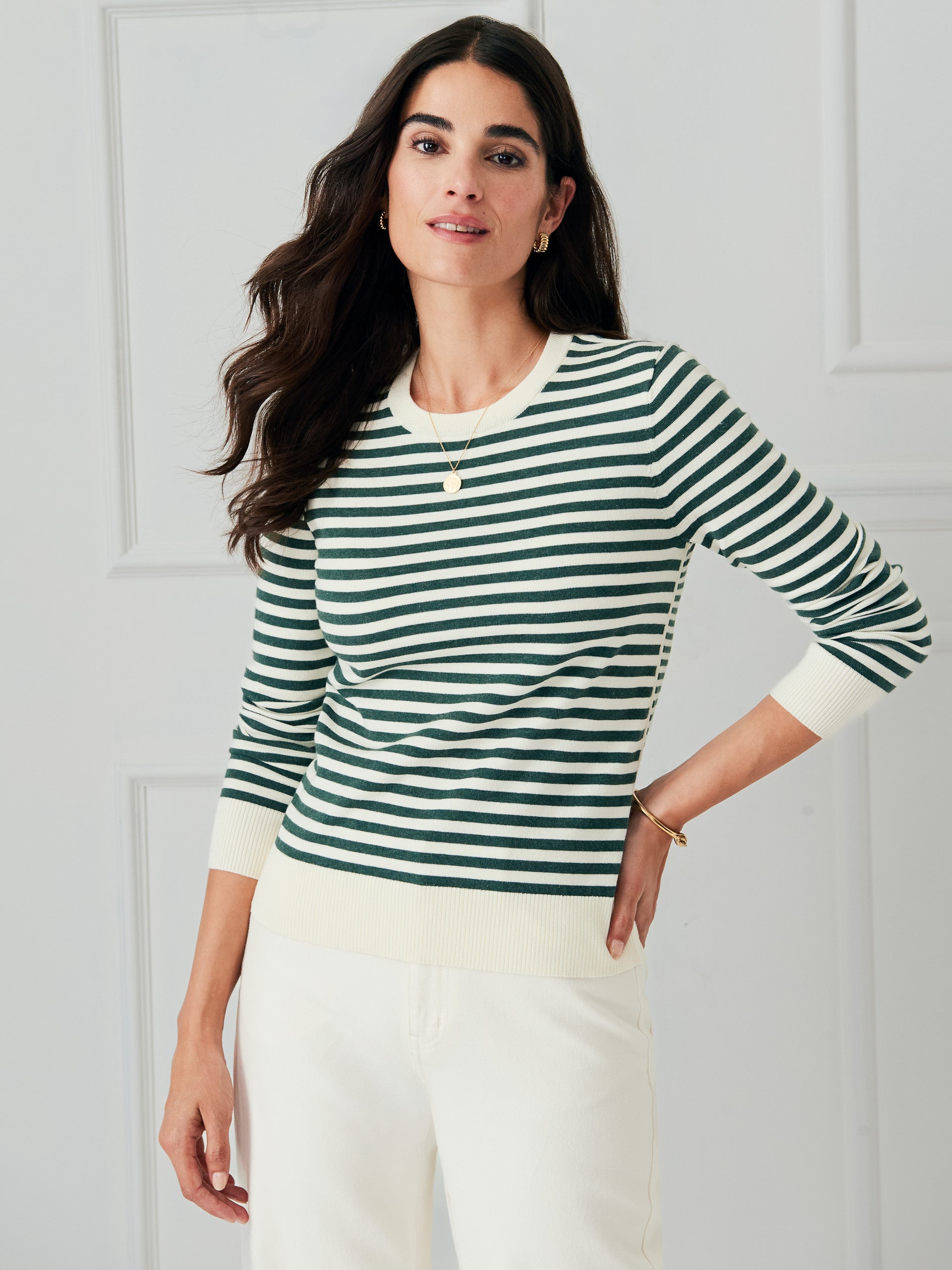 J.McLaughlin Women's Tierney Sweater in Stripe Off White/Dark Green, Size XS | Cotton/Spandex