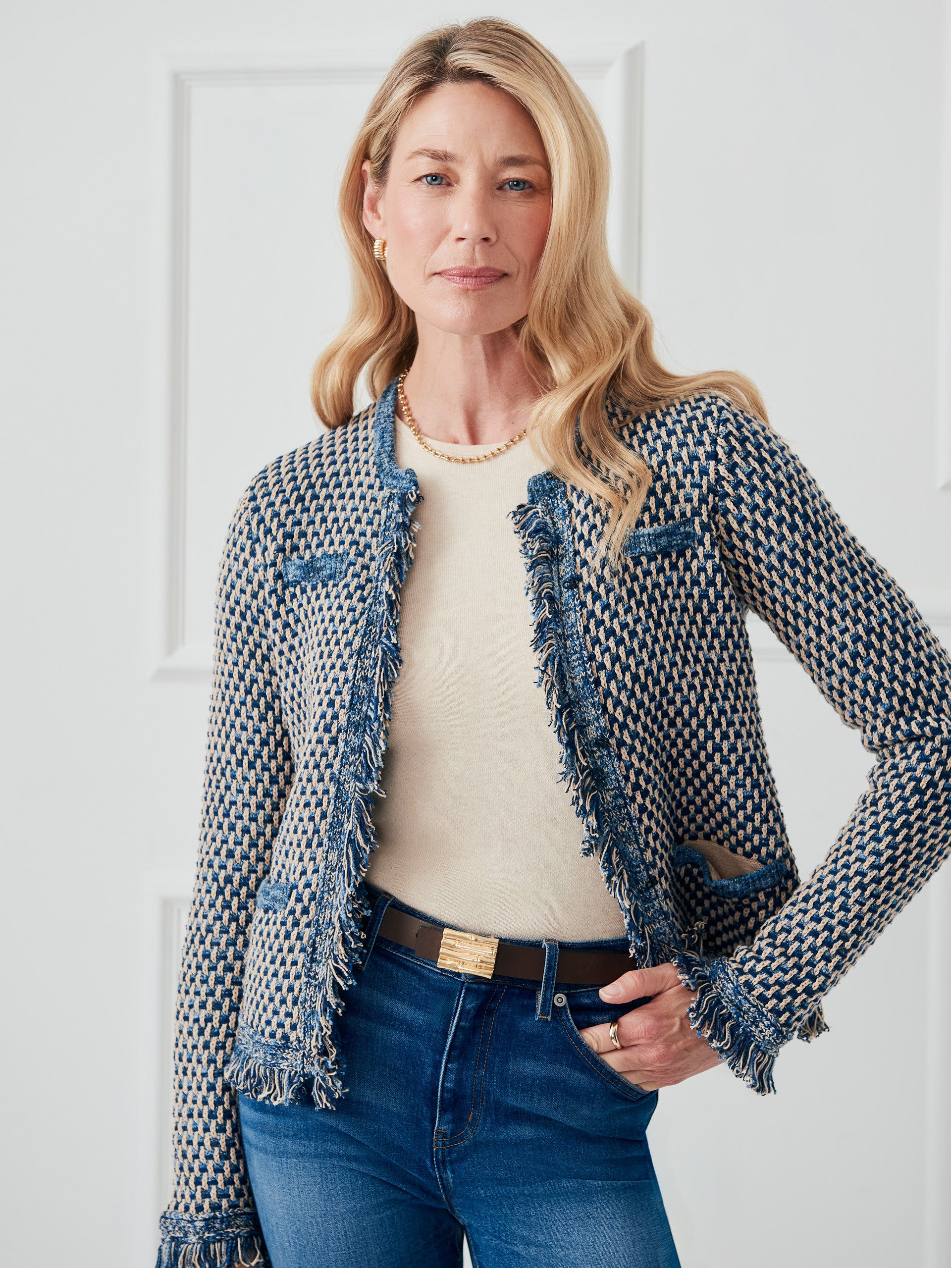 J.McLaughlin Women's Marceline Cardigan Denim/Tan, Size Large | Cotton/Denim/Polyamide