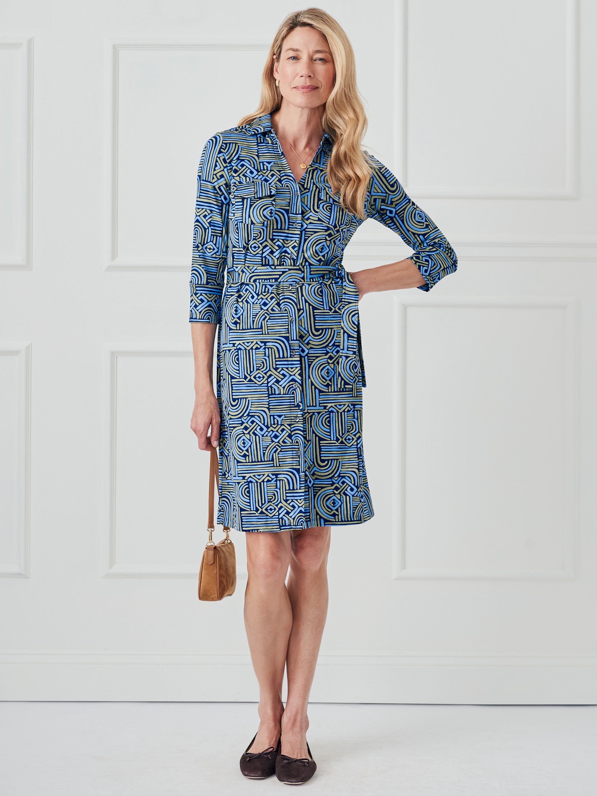 J.McLaughlin Women's Brynn Dress in Geo Maze Navy/Blue/Olive, Size XL | Spandex
