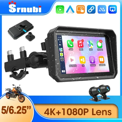 Srnubi 5 ""/6.25"" Carplay Moto DVR GPS Navigation Moto étanche sans fil CarPlay Android Auto 4K + 1080P enregistreur de Moto