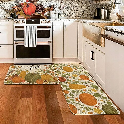 Herbstliches Kürbis-Leinenmatten-Set - saugfähige, ölbeständige Küchen- und Eingangstürmatten, 2-teiliges Set für Thanksgiving Image