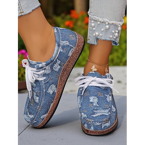 Damenschuhe mit bedrucktem Schnürschuh – leichte Bootsschuhe für Gartenpicknicks, Parkspaziergänge und Bauernhofbesuche im Freien Image