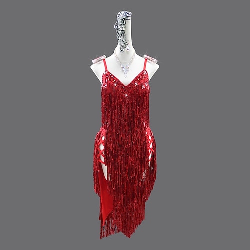 Lateinischer Salsa-Tanz Kleid Kristall / Strass Quaste Pailletten Damen Leistung Party Ärmellos Chinlon Spandex Image