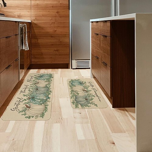 Herbstliches Kürbis-Leinenmatten-Set - saugfähige, ölbeständige Küchen- und Eingangstürmatten, 2-teiliges Set für Thanksgiving Image