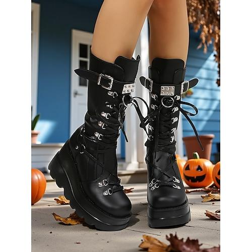 Damen Stiefel Plattform-Stiefel Party Stiefel mit mittlerer Wade Niete Schnalle Stickerei Plateau Runde Zehe Punk Gotisch Spaziergang PU Reißverschluss Schwarz