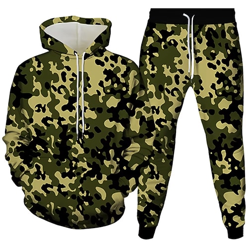 Herren Tarnung 2St 3D Sweatshirt-Sets Trainingsanzug Kapuzensweatshirt Langarm Lange Hosen Mit Kapuze Alltagstauglich Athleisure 3D-Druck Frühling Herbst Winter Armeegrün Image
