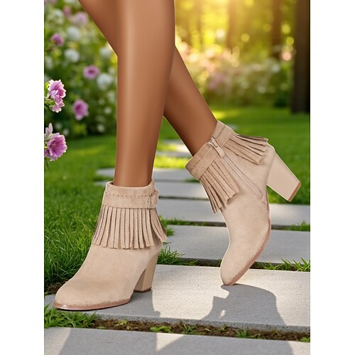 Damen-Stiefeletten aus Wildlederimitat mit Fransen und Blockabsatz – Western-Style für Gartenpartys, Bauernfeste und die herbstliche Freizeit Image