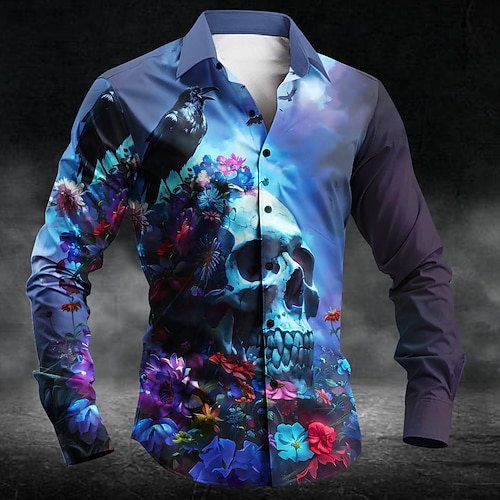 Herren Schädel Krähen Kostüme Hemd Button-Up Hemd Langarm Dunkel Punk Gothic Stil Feiertags Streetwear Sommer Frühling Umgeschlagen 3D Druck Kragenhemden Dunkel Blau Image