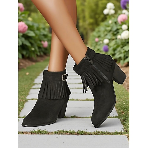 Damen-Stiefeletten aus Wildlederimitat mit Fransen und Blockabsatz – Western-Style für Gartenpartys, Bauernfeste und die herbstliche Freizeit Image