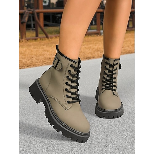 Damen-Kampfstiefel mit Schnürung und seitlicher Schnalle – strapazierfähige Anti-Rutsch-Sohle, lässiger Outdoor- und Farm-Stil, perfekt für Herbst und Winter Image