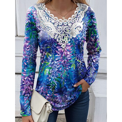 Damen Bluse Tunika Spitze Verknüpfung V-Ausschnitt Langarm Floral Grafik Pflanzen Vintage Lässig Rundhalsausschnitt Tops Täglicher Ausgeh Wochenend Spitze Patchwork Druck Weiß Rosa Lila Grün Khaki Image