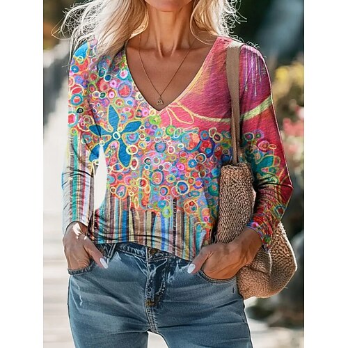 Damen Bluse Druck Blumen Täglich Stilvoll Langarm V Ausschnitt Normale Oberteile Täglich Ferien Blau Marineblau Königsblau Purpur Fuchsie Sommer Frühling Herbst Image