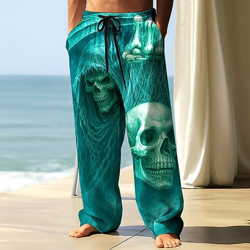 Herren Hosen Baggy Pants Freizeitpants Elastischer Kordelzug Taille Leinenartige Hose mit Taschen Totenkopf Skelett Kostüme Vollständig Länge Outdoor Urlaub Dunkler Gothik Stil Schwarz Blau Image