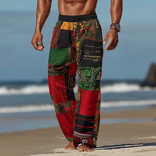 Herren Farbblock Patchwork Ethnisch Hose Baggy-Hosen Freizeithose Mittlere Taille Vintage-Retro Outdoor Urlaub Elastischer Kordelzug in der Taille Leinenähnliche Hose mit Taschen Sommer Frühling Image