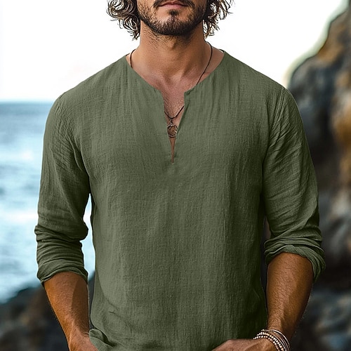 Herren Hemd Leinenhemd Sommerhemd Strandhemd Einfarbig Urlaub Lässig Schwarz Weiß Grün Khaki Langarm V Ausschnitt Sommer Frühling Bekleidung Basic Image