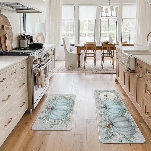 Herbstliches Kürbis-Leinenmatten-Set - saugfähige, ölbeständige Küchen- und Eingangstürmatten, 2-teiliges Set für Thanksgiving Image