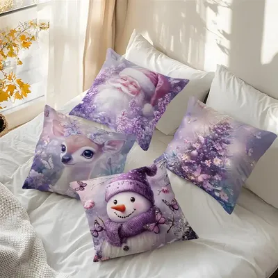 Lila Weihnachtsdekoration Kissen Kissenbezug Bedrucktes Polyester 45x45cm Dekokissenbezug Dekoratives Sofakissen Kissenbezug Image