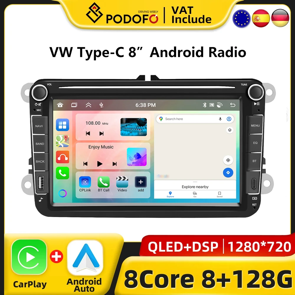 Podofo 8" CarPlay Android Radio For Volkswagen VW Golf Passat JETTA Skoda SEAT Car Intelligent System 2din GPS Stereo Type-C USB Image
