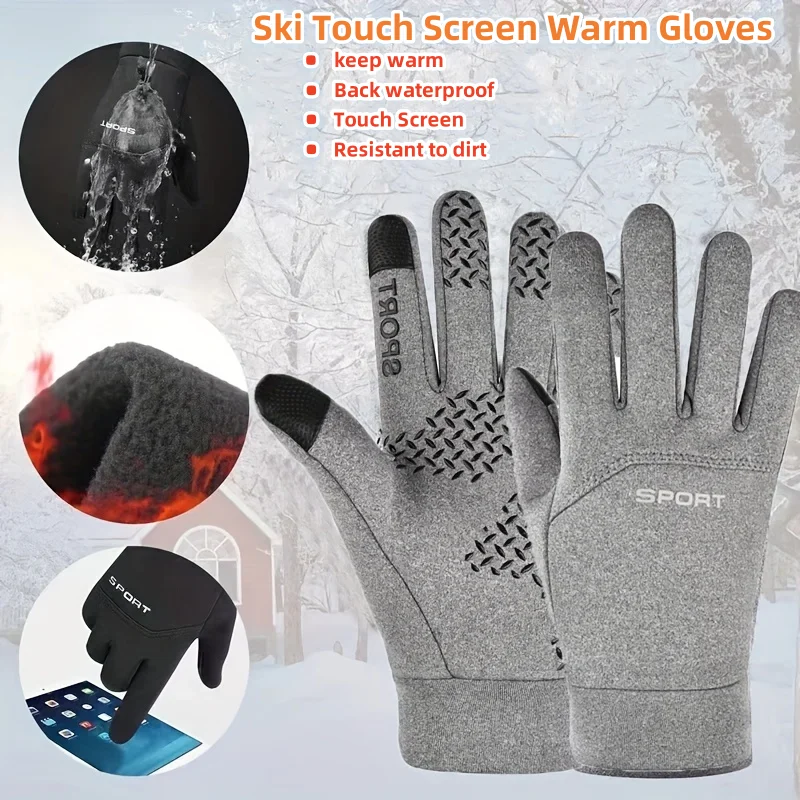 Winter-Fahrradhandschuhe, thermisch, winddicht, Fleece, Motorradhandschuhe, wasserdicht, Touchscreen, warm, dick, zum Fahren, Skifahren Image